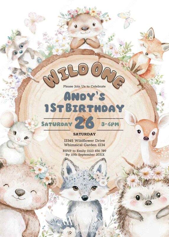 Wild One Forest Friends Birthday Invitation | Rustic Wood Slice Wildflower Meadow Animals Canva Editable Template Wild One Forest Friends Birthday Invitation | Rustic Wood Slice Wildflower Meadow Animals Canva Editable Template
