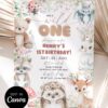 Wild One Forest Animals Birthday Invitation | First Birthday Party Woodland Card Canva Template