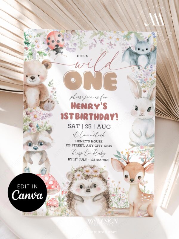 Wild One Forest Animals Birthday Invitation | First Birthday Party Woodland Card Canva Template