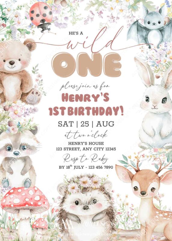 Wild One Forest Animals Birthday Invitation | First Birthday Party Woodland Card Canva Template