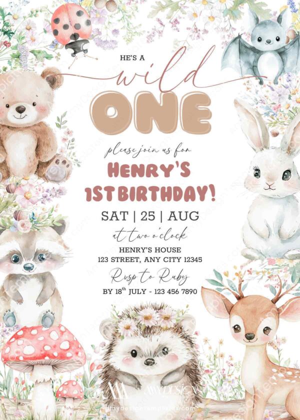Wild One Forest Animals Birthday Invitation | First Birthday Party Woodland Card Canva Template