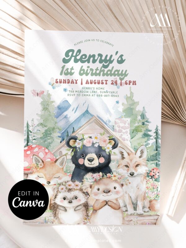 Mountain Woodland Cabin Birthday Invitation | Cute Bear Forest Friends Camping Canva Editable Template