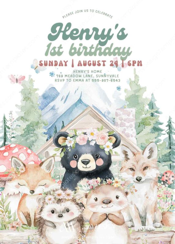Mountain Woodland Cabin Birthday Invitation | Cute Bear Forest Friends Camping Canva Editable Template Mountain Woodland Cabin Birthday Invitation | Cute Bear Forest Friends Camping Canva Editable Template