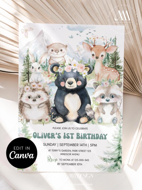 Snowy Mountain Forest Birthday Invitation Canva Editable Template | Floral Forest Friends Watercolor Invite
