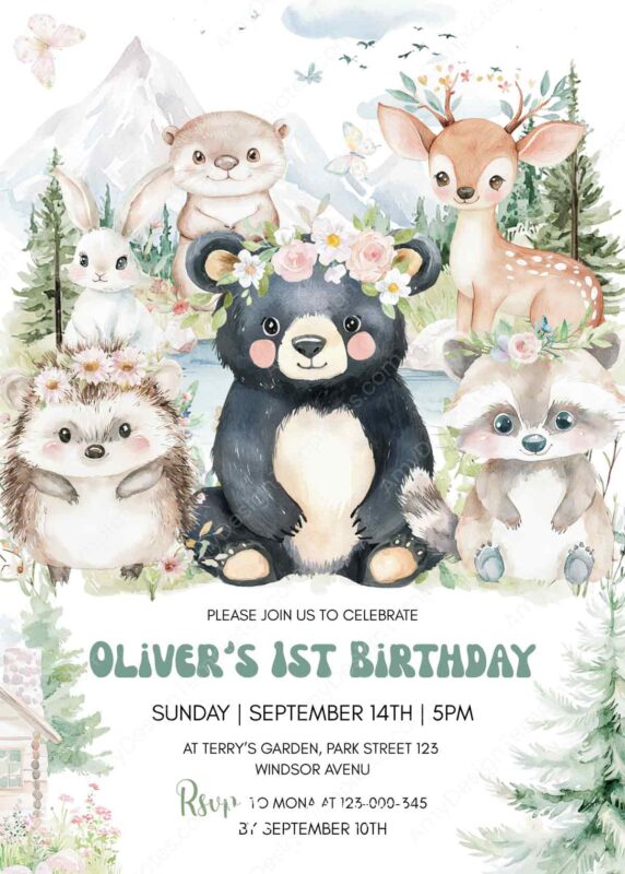 Snowy Mountain Forest Birthday Invitation Canva Editable Template | Floral Forest Friends Watercolor Invite Snowy Mountain Forest Birthday Invitation Canva Editable Template | Floral Forest Friends Watercolor Invite