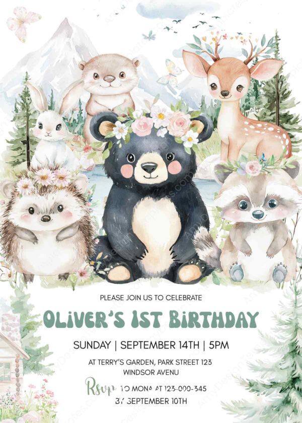 Snowy Mountain Forest Birthday Invitation Canva Editable Template | Floral Forest Friends Watercolor Invite