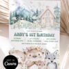 Animals Cottage Mountain Birthday Invitation | Winter Forest Friends Birthday Invite Card Canva Template