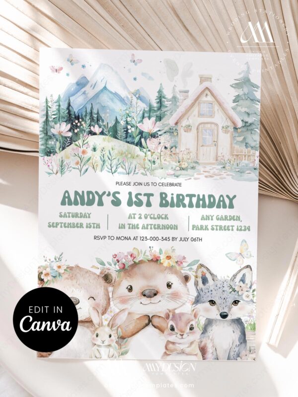 Animals Cottage Mountain Birthday Invitation | Winter Forest Friends Birthday Invite Card Canva Template