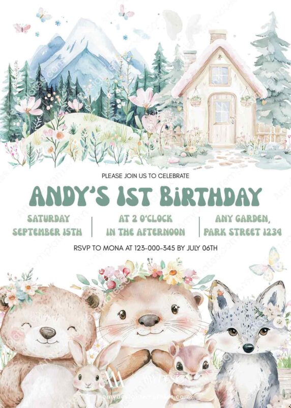 Animals Cottage Mountain Birthday Invitation | Winter Forest Friends Birthday Invite Card Canva Template