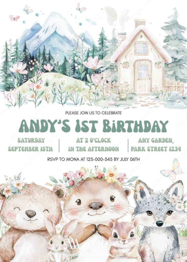 Animals Cottage Mountain Birthday Invitation | Winter Forest Friends Birthday Invite Card Canva Template