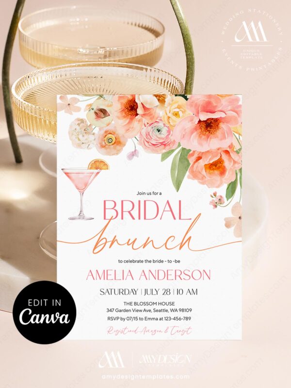 Watercolor Peach Floral Bridal Brunch Invitation Template | Coral Wedding Shower Invite | Editable Canva