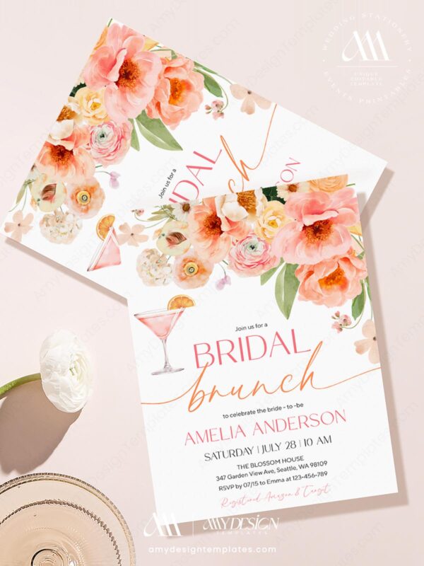 Watercolor Peach Floral Bridal Brunch Invitation Template | Coral Wedding Shower Invite | Editable Canva