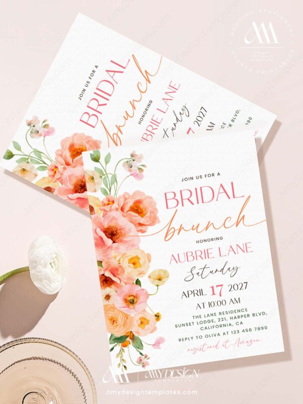 Peach Floral Bridal Brunch Invitation | Pink Wedding Shower Invite | Editable Canva Template | Bubbly Brunch Party