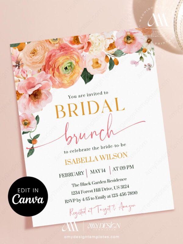 Romantic Peach Blossom Bridal Brunch Invitation Canva Template | Soft Pink Floral Wedding Shower Invite