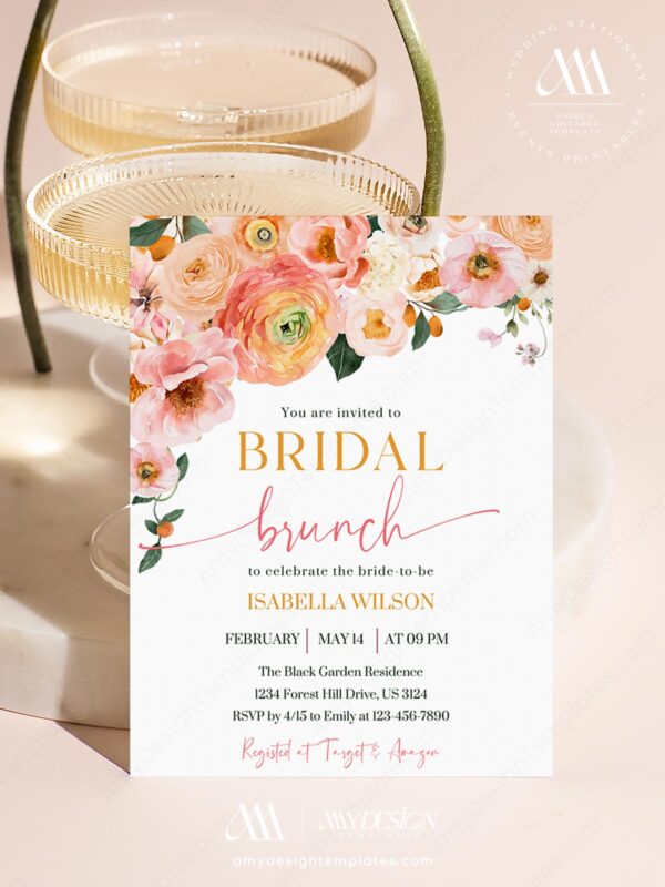 Romantic Peach Blossom Bridal Brunch Invitation Canva Template | Soft Pink Floral Wedding Shower Invite