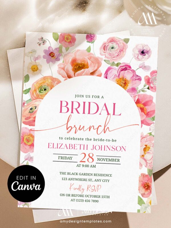 Elegant Rose Floral Bridal Brunch Invitation Template | Soft Pink Luncheon Invite Canva Editable Printable
