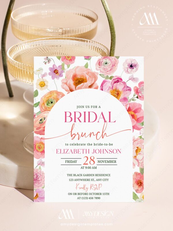 Elegant Rose Floral Bridal Brunch Invitation Template | Soft Pink Luncheon Invite Canva Editable Printable