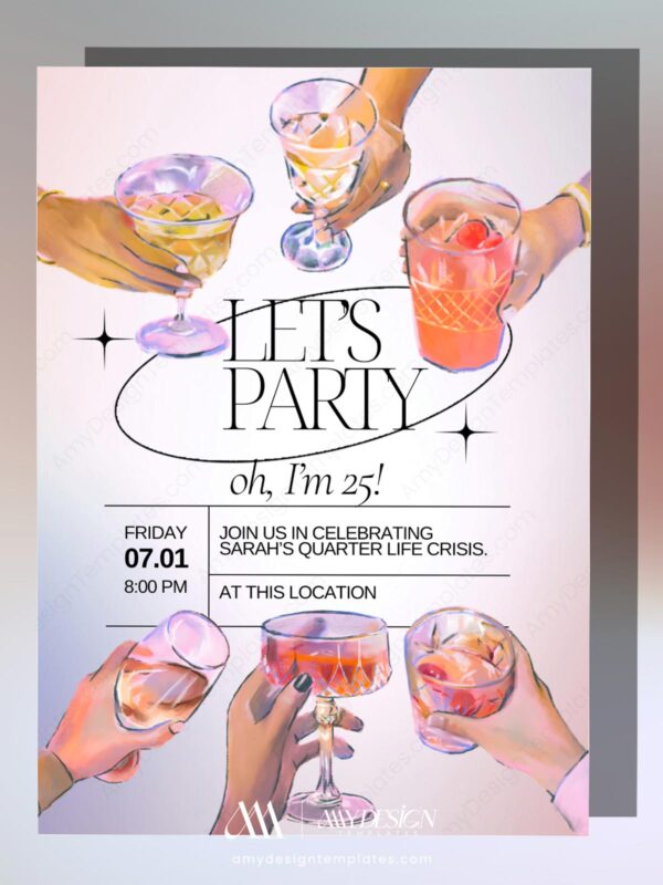 Modern Party Birthday Invitation Template | Cheers Cocktails Drinks Celebration 25th Birthday Canva Editable