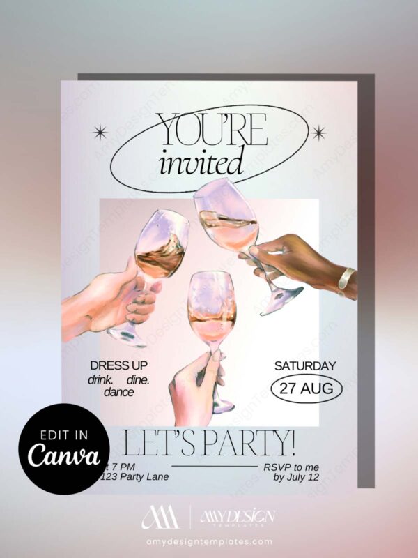 Elegant Chic Party Invitation Template Canva | Minimalist Wine Celebration Birthday Party Invite Editable Elegant Chic Party Invitation Template Canva | Minimalist Wine Celebration Birthday Party Invite Editable