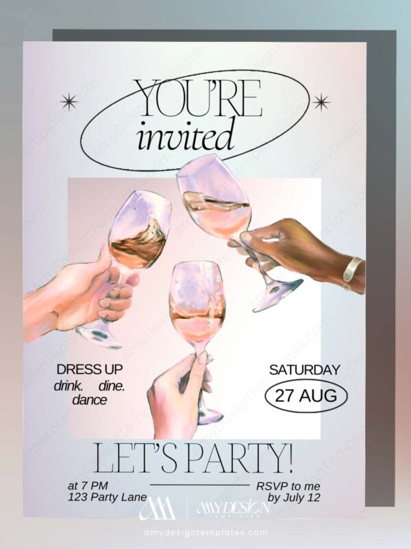 Elegant Chic Party Invitation Template Canva | Minimalist Wine Celebration Birthday Party Invite Editable