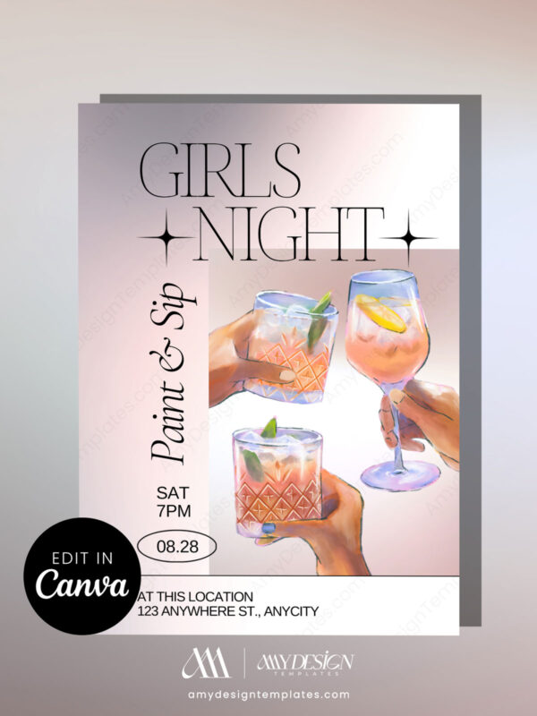 Paint and Sip Girls Night Party Invitation Template | Cocktails Birthday Party Invitation | Canva Editable Template Paint and Sip Girls Night Party Invitation Template | Cocktails Birthday Party Invitation | Canva Editable Template