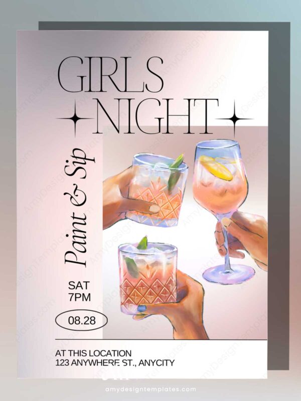 Paint and Sip Girls Night Party Invitation Template | Cocktails Birthday Party Invitation | Canva Editable Template