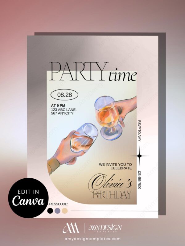 Elegant Champagne Celebration Birthday Party Invitation Template | Glamorous & Modern Cocktails Night Party Invite Canva Elegant Champagne Celebration Birthday Party Invitation Template