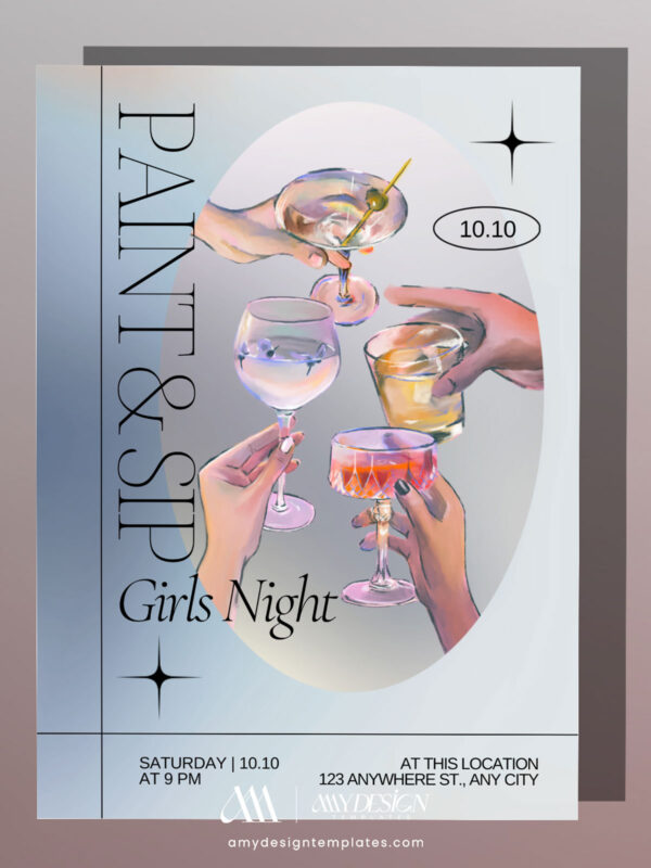 Modern Paint and Sip Girls Night Invitation | Cocktails & Canvas Birthday Party Invite | Editable Canva Template | Chic Girls Night Party