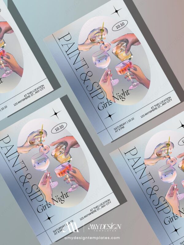 Modern Paint and Sip Girls Night Invitation | Cocktails & Canvas Birthday Party Invite | Editable Canva Template | Chic Girls Night Party