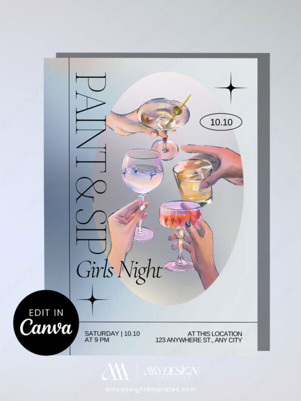 Modern Paint and Sip Girls Night Invitation | Cocktails Birthday Party Invite | Editable Canva Template | Chic Girls Night Party Modern Paint and Sip Girls Night Invitation | Cocktails & Canvas Birthday Party Invite | Editable Canva Template | Chic Girls Night Party