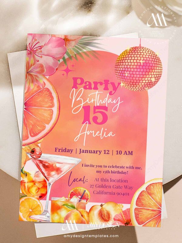 Tropical Disco Birthday Invitation Hibiscus Flowers Summer | Vibrant Island Party Invite Template Canva