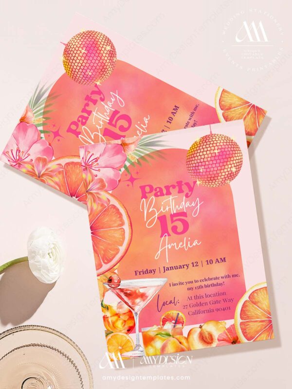 Tropical Disco Birthday Invitation Hibiscus Flowers Summer | Vibrant Island Party Invite Template Canva