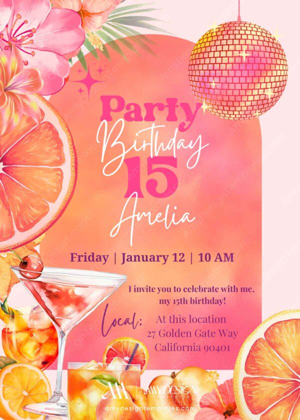 Tropical Disco Birthday Invitation Hibiscus Flowers Summer | Vibrant Island Party Invite Template Canva