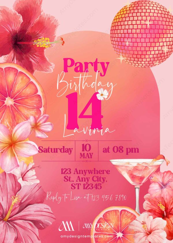 Pink Tropical Birthday Brunch Invitation Card | Disco Ball Hibiscus Floral Party Template