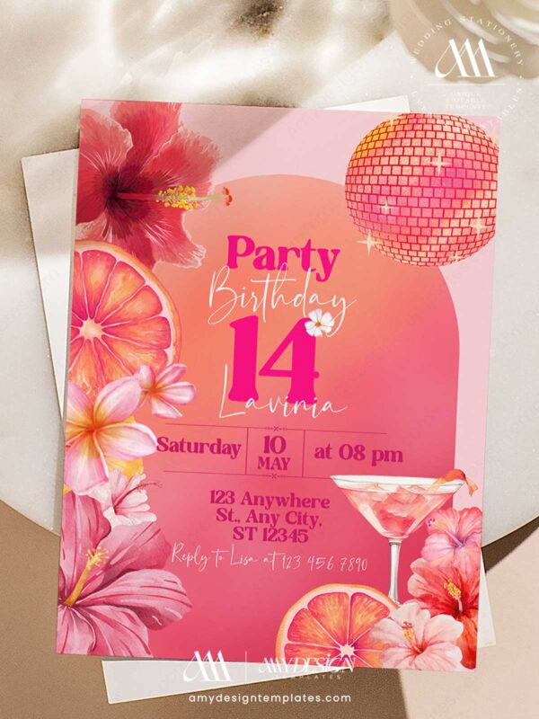 Pink Tropical Birthday Brunch Invitation Card | Disco Ball Hibiscus Floral Party Template