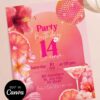 Pink Tropical Birthday Brunch Invitation Card | Disco Ball Hibiscus Floral Party Template Pink Tropical Birthday Brunch Invitation Card | Disco Ball Hibiscus Floral Party Template