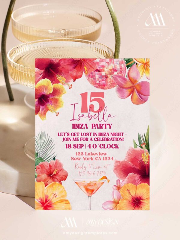 Ibiza Night Birthday Invitation Card | Tropical Disco Hibiscus Cocktail Party Canva Editable Template