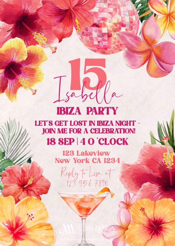 Ibiza Night Birthday Invitation Card | Tropical Disco Hibiscus Cocktail Party Canva Editable Template