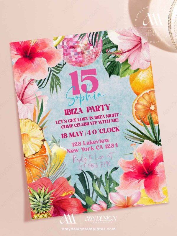 Tropical Ibiza Night Birthday Invitation | Citrus Fruit Disco Ball Pink Hibiscus Canva Editable Template