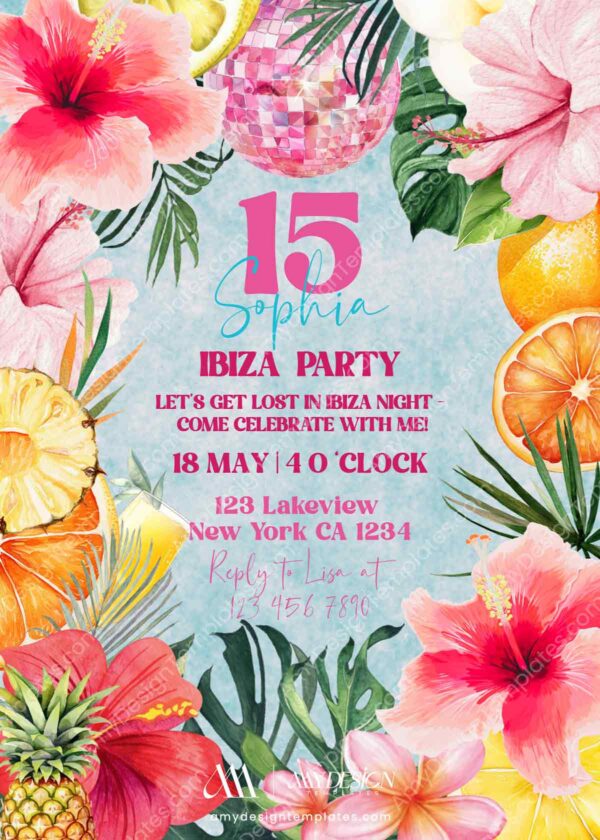 Tropical Ibiza Night Birthday Invitation | Citrus Fruit Disco Ball Pink Hibiscus Canva Editable Template