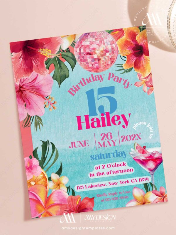 Tropical Pool Party Birthday Invitation Canva Template | Cocktail Floral Summer Bash Invite Template Editable