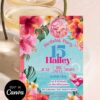Tropical Pool Party Birthday Invitation Canva Template | Cocktail Floral Summer Bash Invite Template Editable