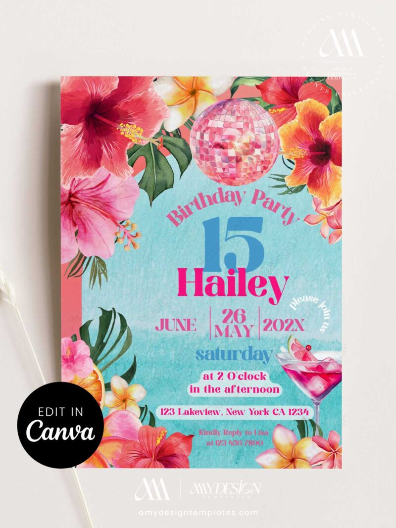 Tropical Pool Party Birthday Invitation Canva Template | Cocktail ...