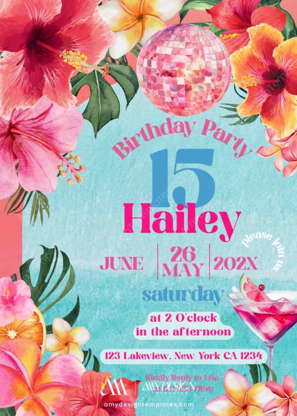 Tropical Pool Party Birthday Invitation Canva Template | Cocktail Floral Summer Bash Invite Template Editable