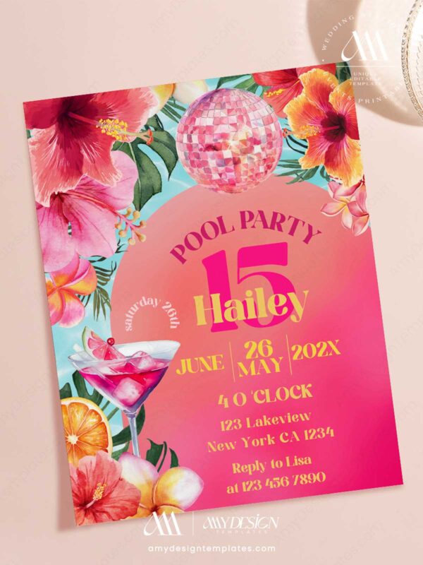 Pink Tropical Pool Party Birthday Invitation | Disco Ball Martini Cocktail Summer Bash Canva Editable Template