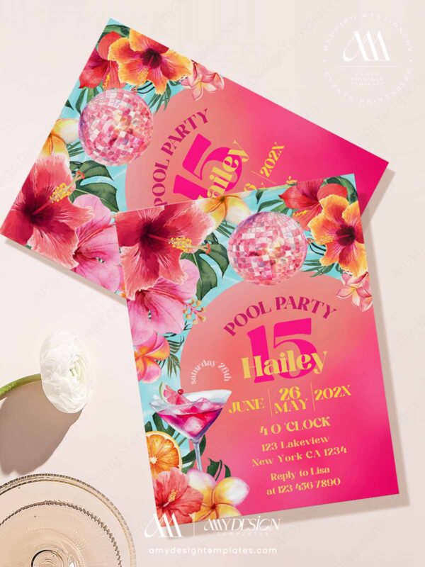 Pink Tropical Pool Party Birthday Invitation | Disco Ball Martini Cocktail Summer Bash Canva Editable Template