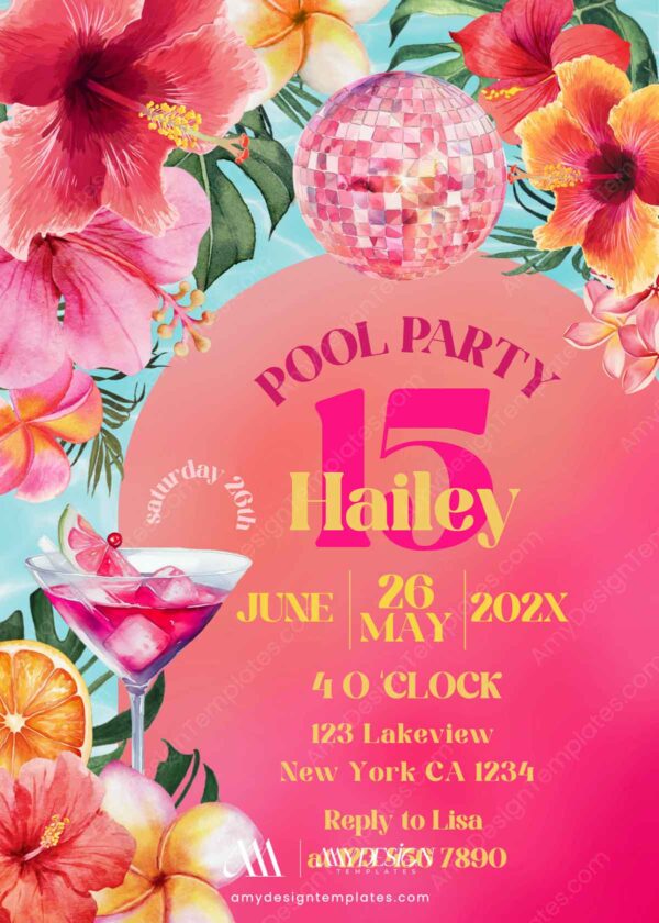 Pink Tropical Pool Party Birthday Invitation | Disco Ball Martini Cocktail Summer Bash Canva Editable Template