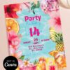Tropical Pool Party Birthday Invitation | Cocktail Summer Birthday Invite Card Canva Editable Template