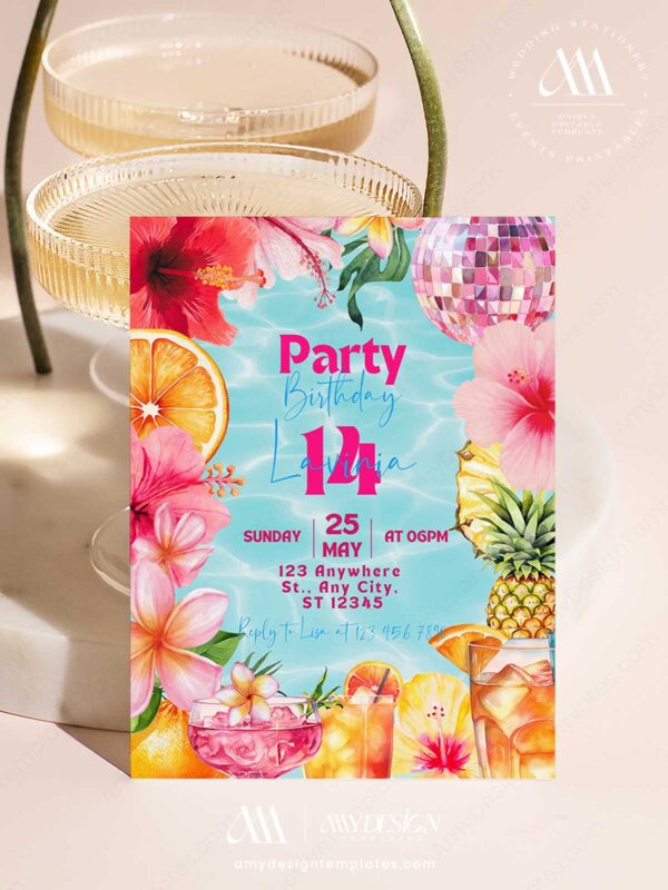 Tropical Pool Party Birthday Invitation | Cocktail Summer Birthday Invite Card Canva Editable Template