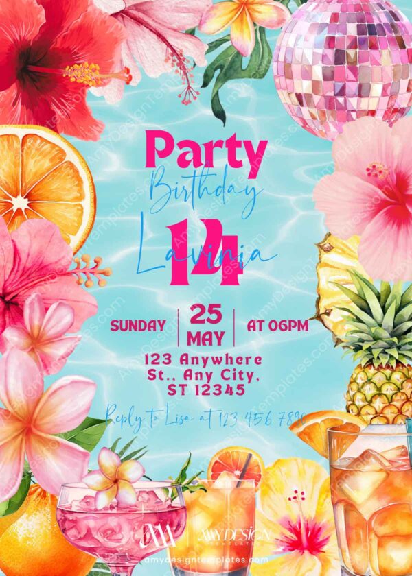 Tropical Pool Party Birthday Invitation | Cocktail Summer Birthday Invite Card Canva Editable Template